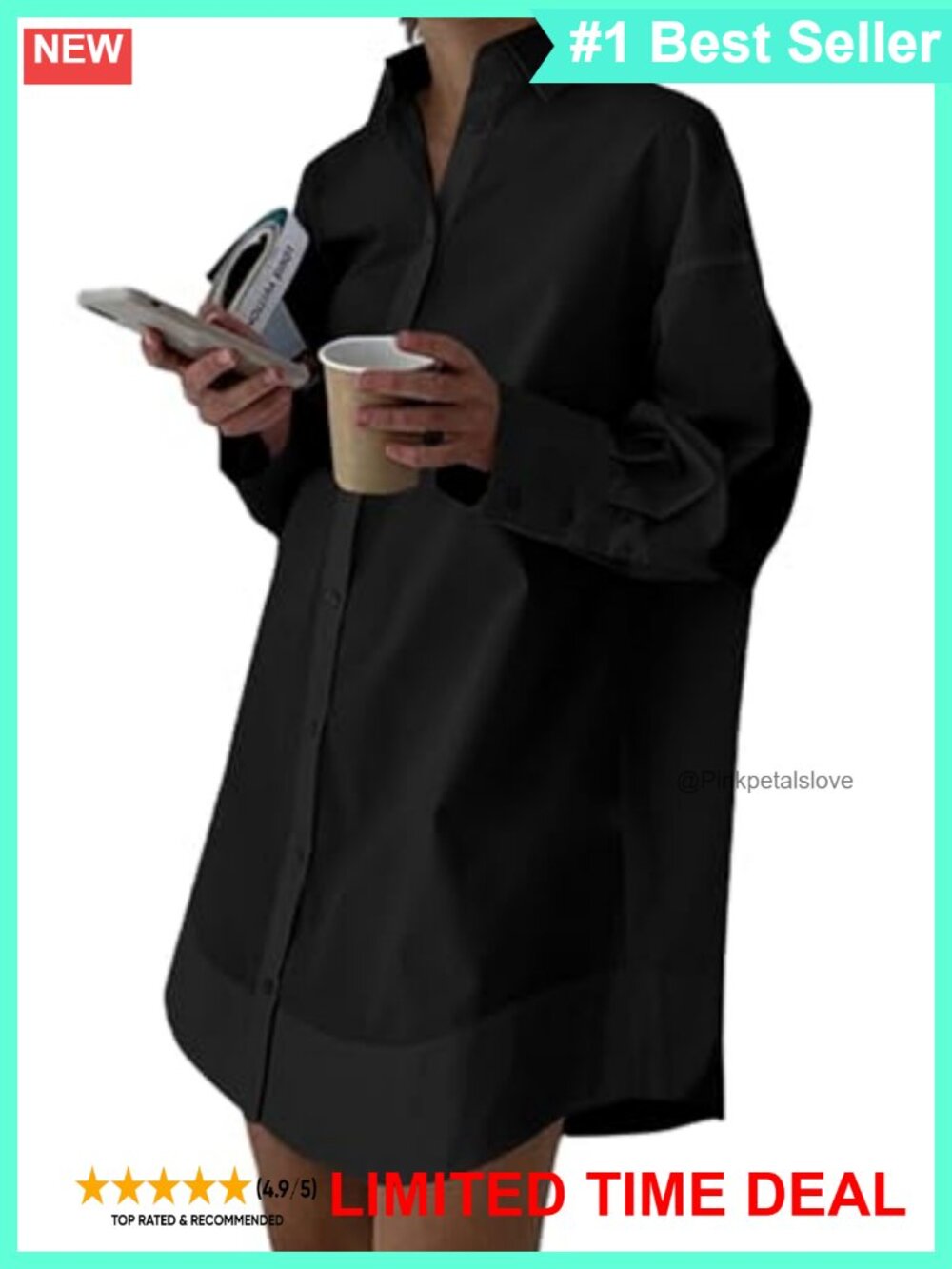 Long Sleeve V-Neck Button Down Mini Shirt Dress Loose Fit Casual